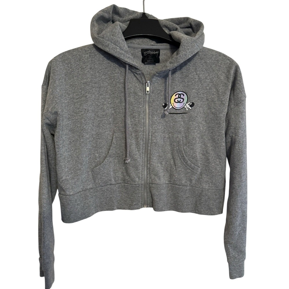 Stussy Hoodie Sweater Women's Small Full Zip Dbl Graphic 8 Ball Happy Face Cropd